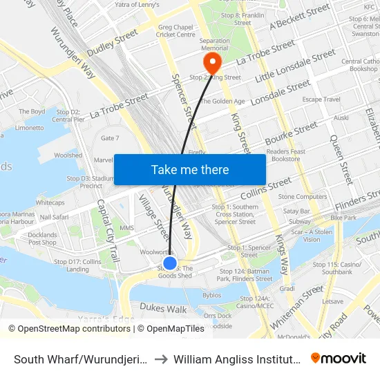 South Wharf/Wurundjeri Way #D5 to William Angliss Institute Of TAFE map