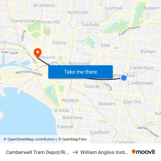 Camberwell Tram Depot/Riversdale Rd #39 to William Angliss Institute Of TAFE map