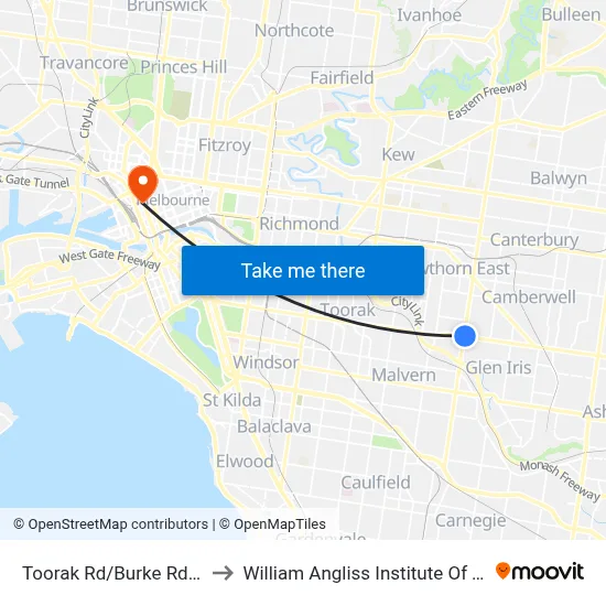 Toorak Rd/Burke Rd #54 to William Angliss Institute Of TAFE map