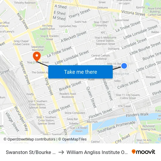 Swanston St/Bourke St #6 to William Angliss Institute Of TAFE map