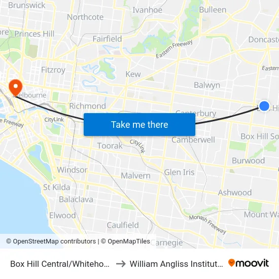 Box Hill Central/Whitehorse Rd #58 to William Angliss Institute Of TAFE map