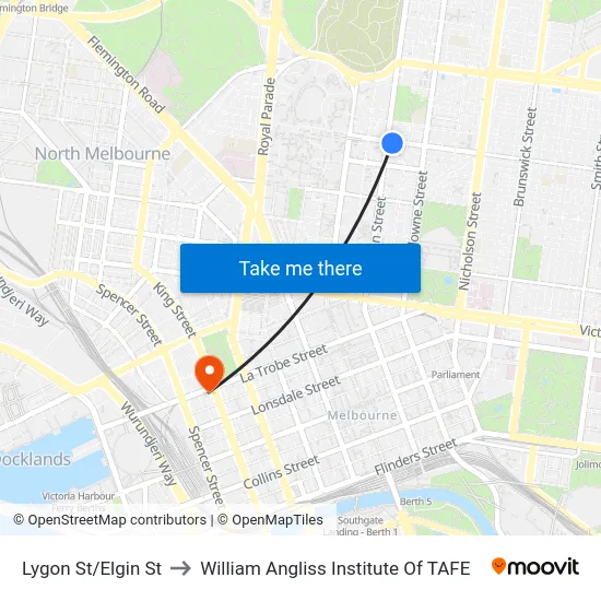 Lygon St/Elgin St to William Angliss Institute Of TAFE map