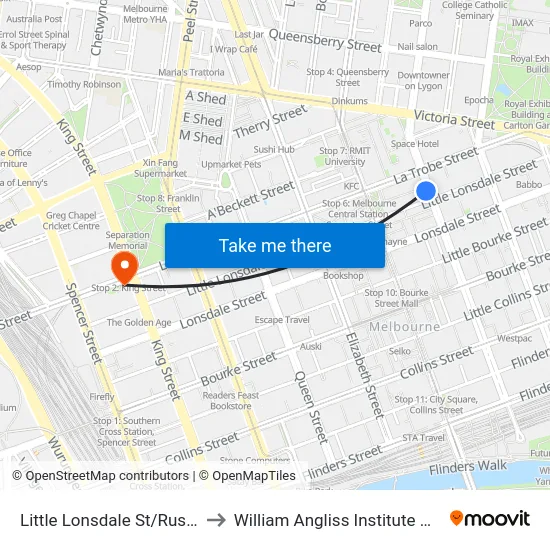 Little Lonsdale St/Russell St to William Angliss Institute Of TAFE map