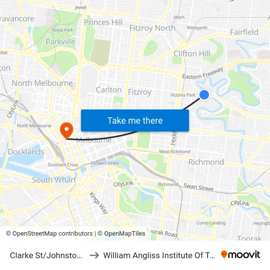 Clarke St/Johnston St to William Angliss Institute Of TAFE map