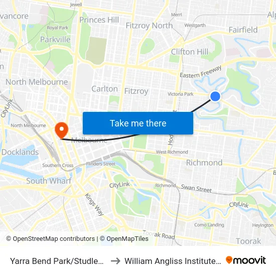 Yarra Bend Park/Studley Park Rd to William Angliss Institute Of TAFE map