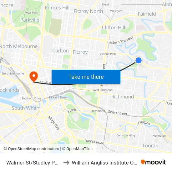 Walmer St/Studley Park Rd to William Angliss Institute Of TAFE map