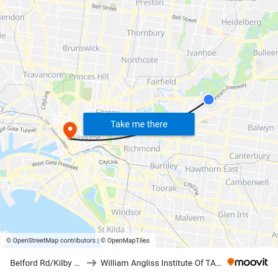 Belford Rd/Kilby Rd to William Angliss Institute Of TAFE map