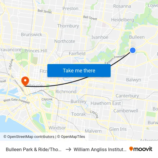 Bulleen Park & Ride/Thompsons Rd to William Angliss Institute Of TAFE map