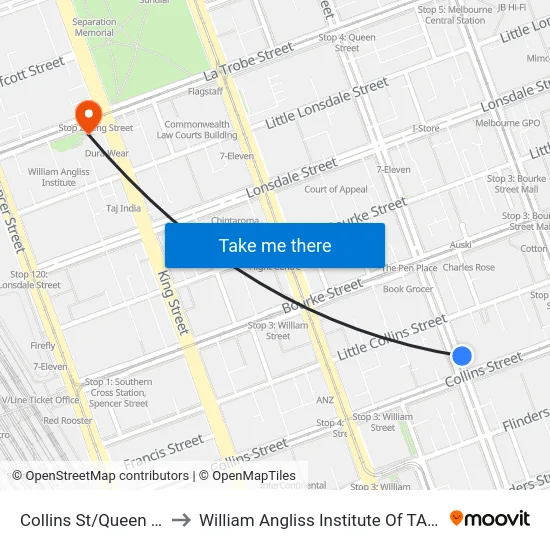 Collins St/Queen St to William Angliss Institute Of TAFE map
