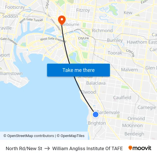 North Rd/New St to William Angliss Institute Of TAFE map