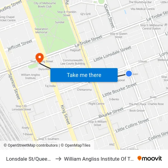 Lonsdale St/Queen St to William Angliss Institute Of TAFE map
