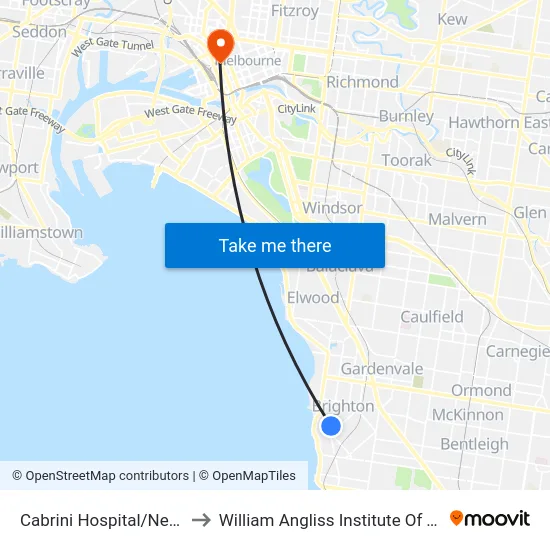 Cabrini Hospital/New St to William Angliss Institute Of TAFE map