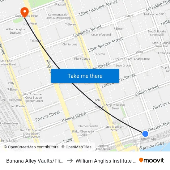Banana Alley Vaults/Flinders St to William Angliss Institute Of TAFE map