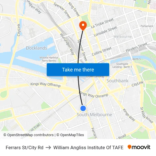 Ferrars St/City Rd to William Angliss Institute Of TAFE map