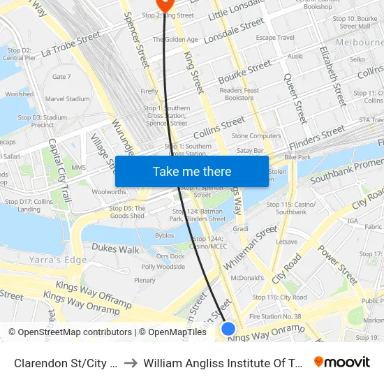 Clarendon St/City Rd to William Angliss Institute Of TAFE map