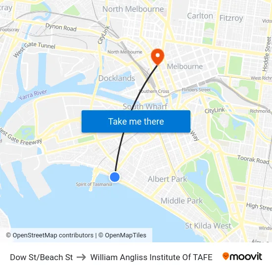 Dow St/Beach St to William Angliss Institute Of TAFE map