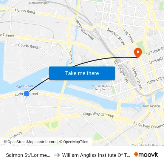 Salmon St/Lorimer St to William Angliss Institute Of TAFE map