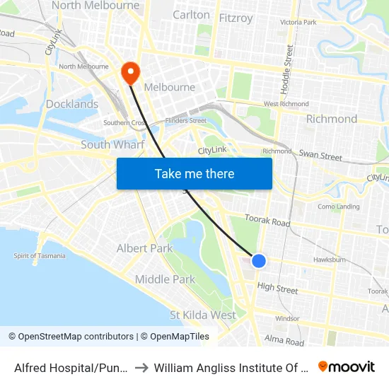 Alfred Hospital/Punt Rd to William Angliss Institute Of TAFE map