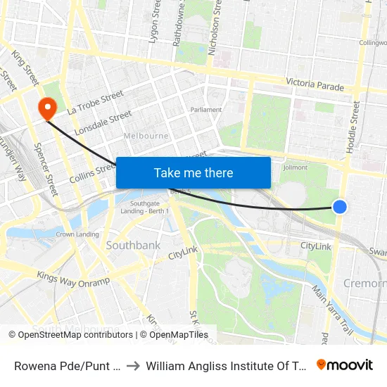 Rowena Pde/Punt Rd to William Angliss Institute Of TAFE map