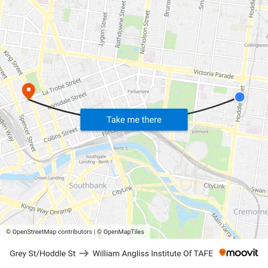 Grey St/Hoddle St to William Angliss Institute Of TAFE map