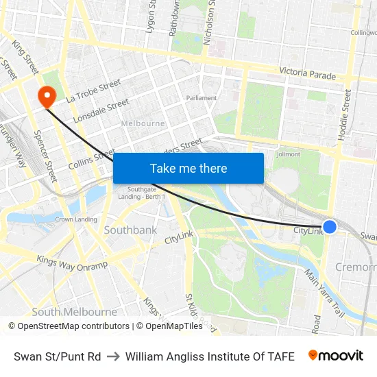 Swan St/Punt Rd to William Angliss Institute Of TAFE map
