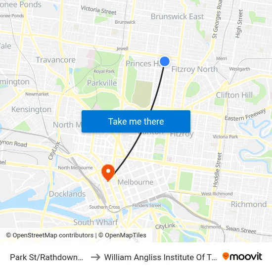Park St/Rathdowne St to William Angliss Institute Of TAFE map