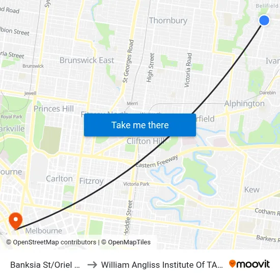 Banksia St/Oriel Rd to William Angliss Institute Of TAFE map