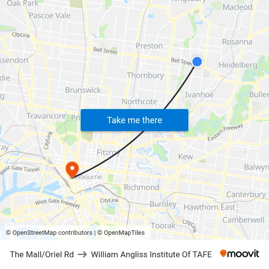The Mall/Oriel Rd to William Angliss Institute Of TAFE map