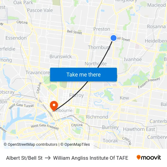 Albert St/Bell St to William Angliss Institute Of TAFE map