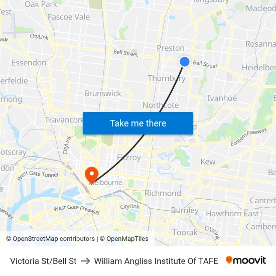Victoria St/Bell St to William Angliss Institute Of TAFE map