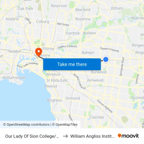 Our Lady Of Sion College/Whitehorse Rd to William Angliss Institute Of TAFE map