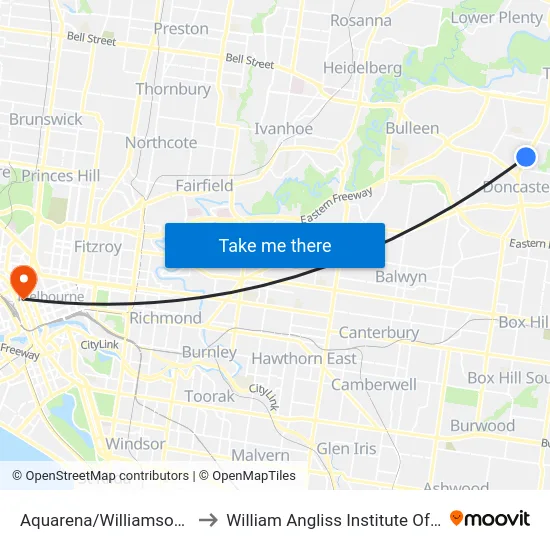 Aquarena/Williamsons Rd to William Angliss Institute Of TAFE map