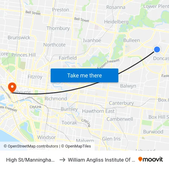 High St/Manningham Rd to William Angliss Institute Of TAFE map