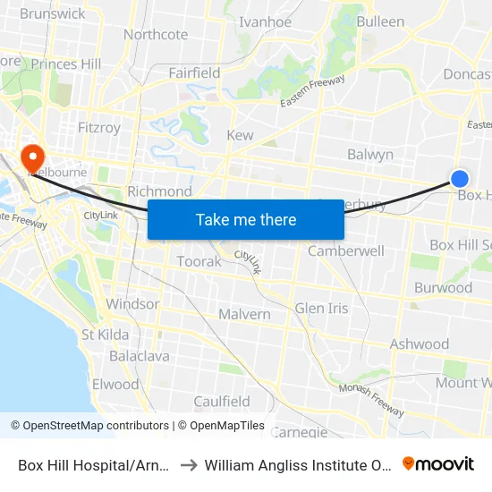 Box Hill Hospital/Arnold St to William Angliss Institute Of TAFE map