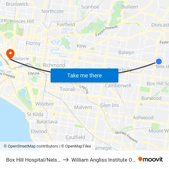 Box Hill Hospital/Nelson Rd to William Angliss Institute Of TAFE map