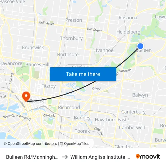Bulleen Rd/Manningham Rd to William Angliss Institute Of TAFE map