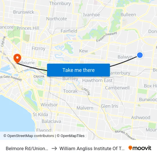 Belmore Rd/Union Rd to William Angliss Institute Of TAFE map