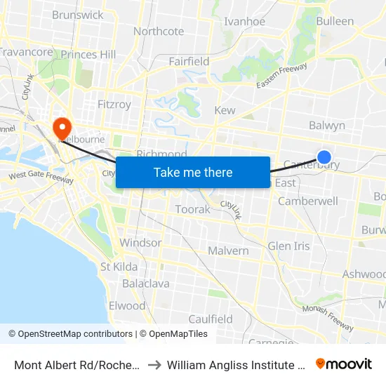 Mont Albert Rd/Rochester Rd to William Angliss Institute Of TAFE map