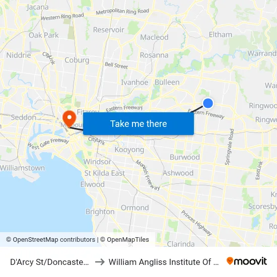 D'Arcy St/Doncaster Rd to William Angliss Institute Of TAFE map