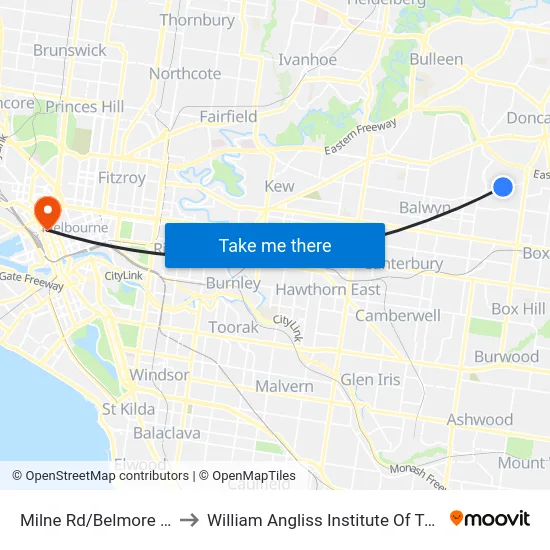 Milne Rd/Belmore Rd to William Angliss Institute Of TAFE map