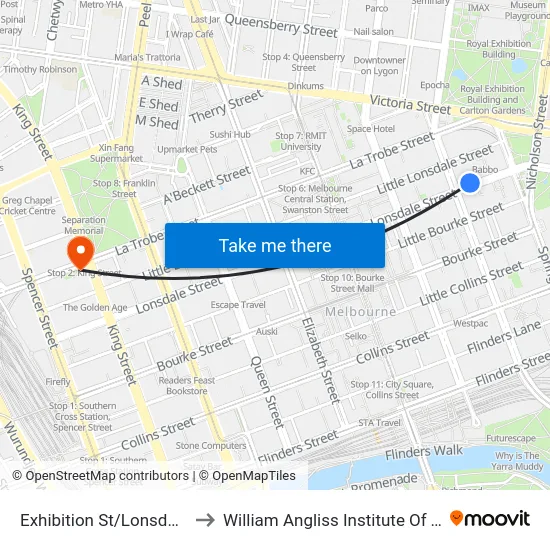 Exhibition St/Lonsdale St to William Angliss Institute Of TAFE map