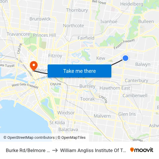 Burke Rd/Belmore Rd to William Angliss Institute Of TAFE map