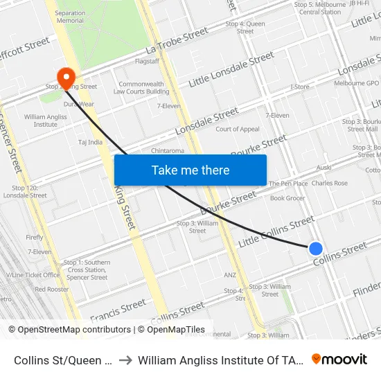 Collins St/Queen St to William Angliss Institute Of TAFE map