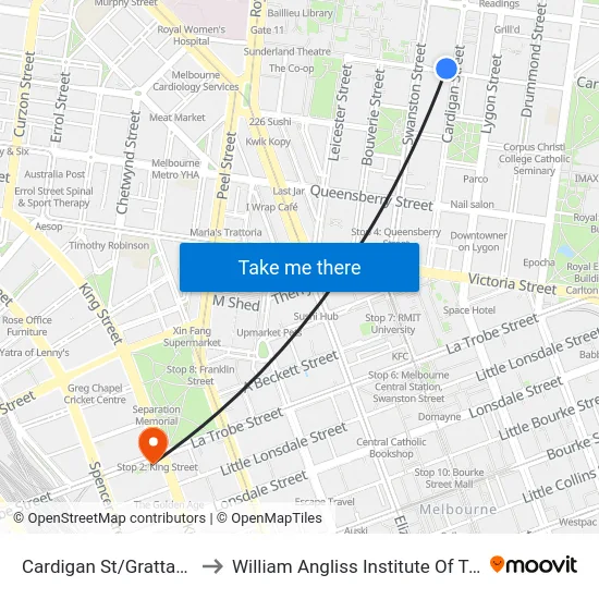Cardigan St/Grattan St to William Angliss Institute Of TAFE map
