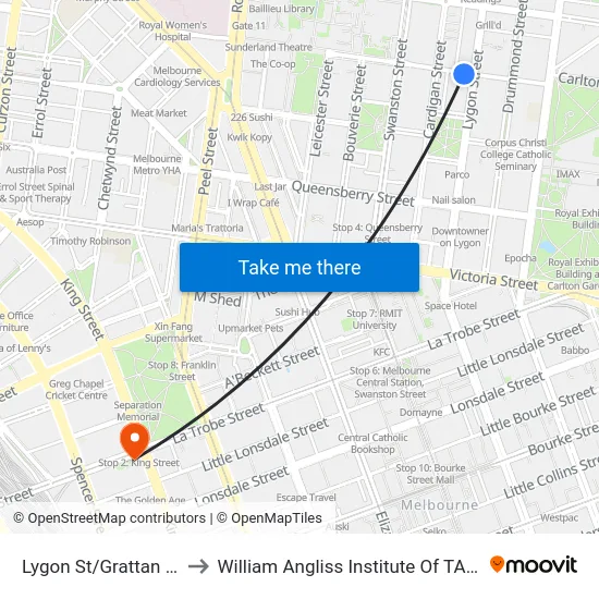 Lygon St/Grattan St to William Angliss Institute Of TAFE map