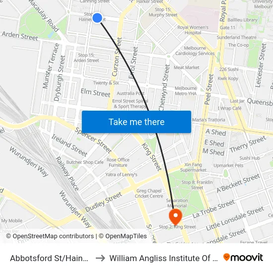 Abbotsford St/Haines St to William Angliss Institute Of TAFE map