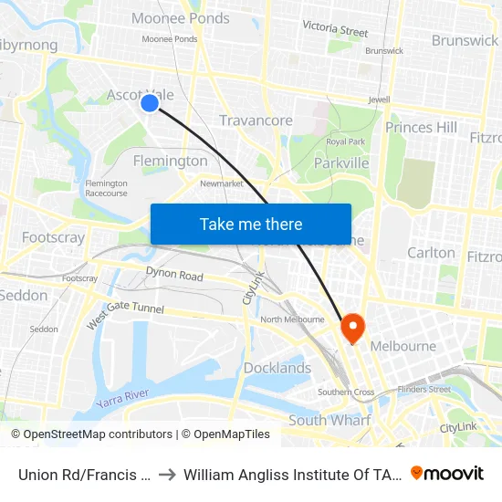 Union Rd/Francis St to William Angliss Institute Of TAFE map