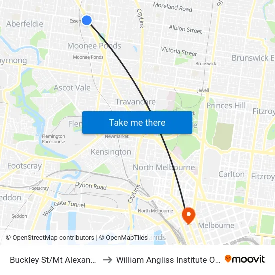Buckley St/Mt Alexander Rd to William Angliss Institute Of TAFE map