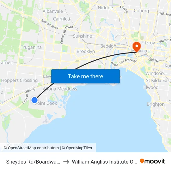 Sneydes Rd/Boardwalk Bvd to William Angliss Institute Of TAFE map