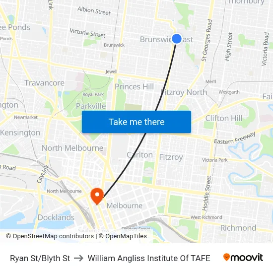 Ryan St/Blyth St to William Angliss Institute Of TAFE map
